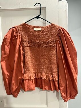 Ulla JohnsonSmocked Peplum Balloon-Sleeve Top in Terracotta